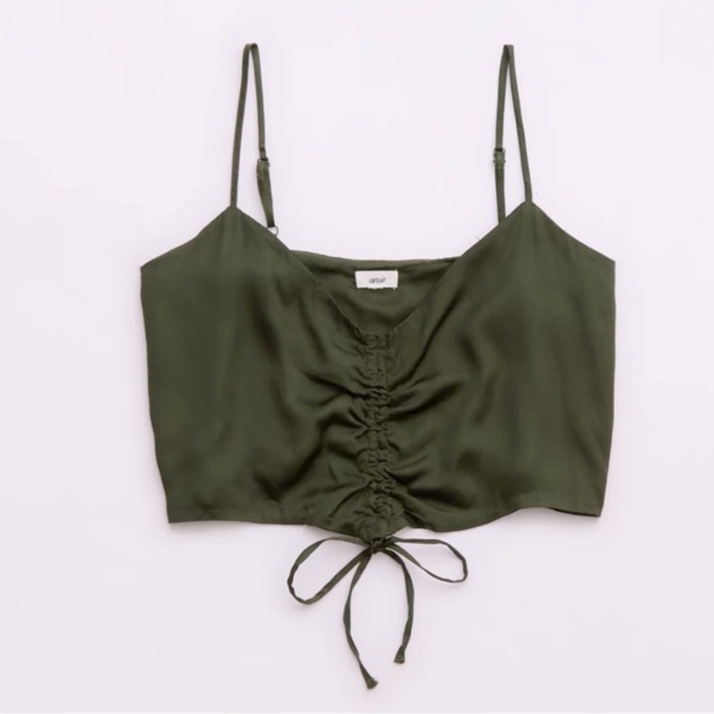 Aerie Satin Cinched Cropped Tank Top Olive